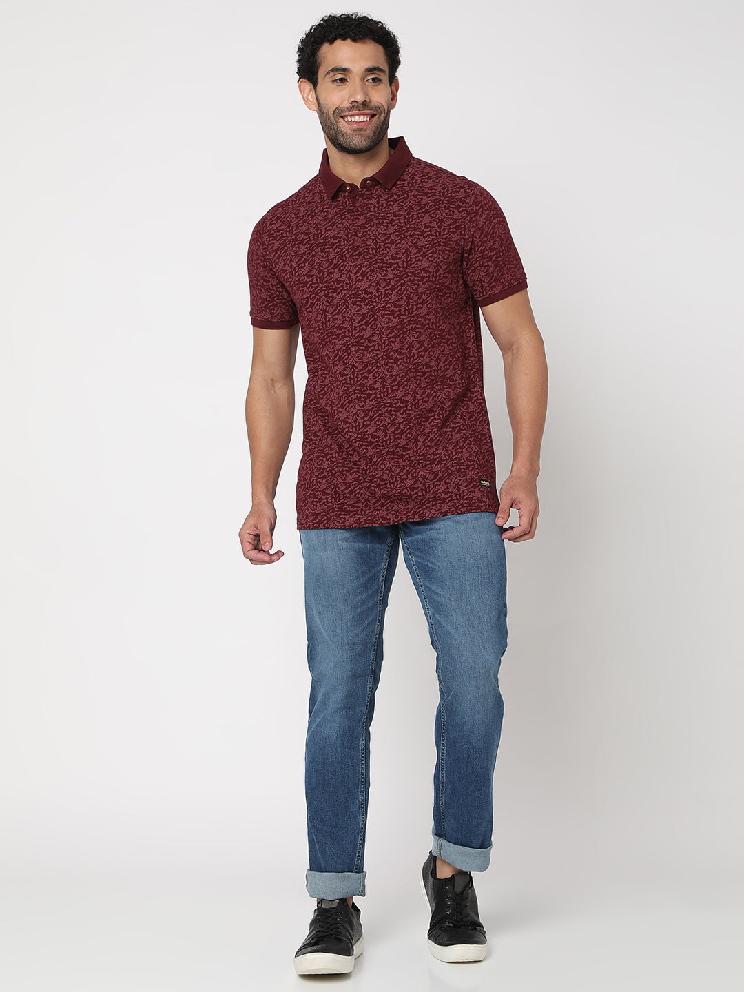 Spykar Men Wine Cotton Slim Fit Printed Polo Tshirt