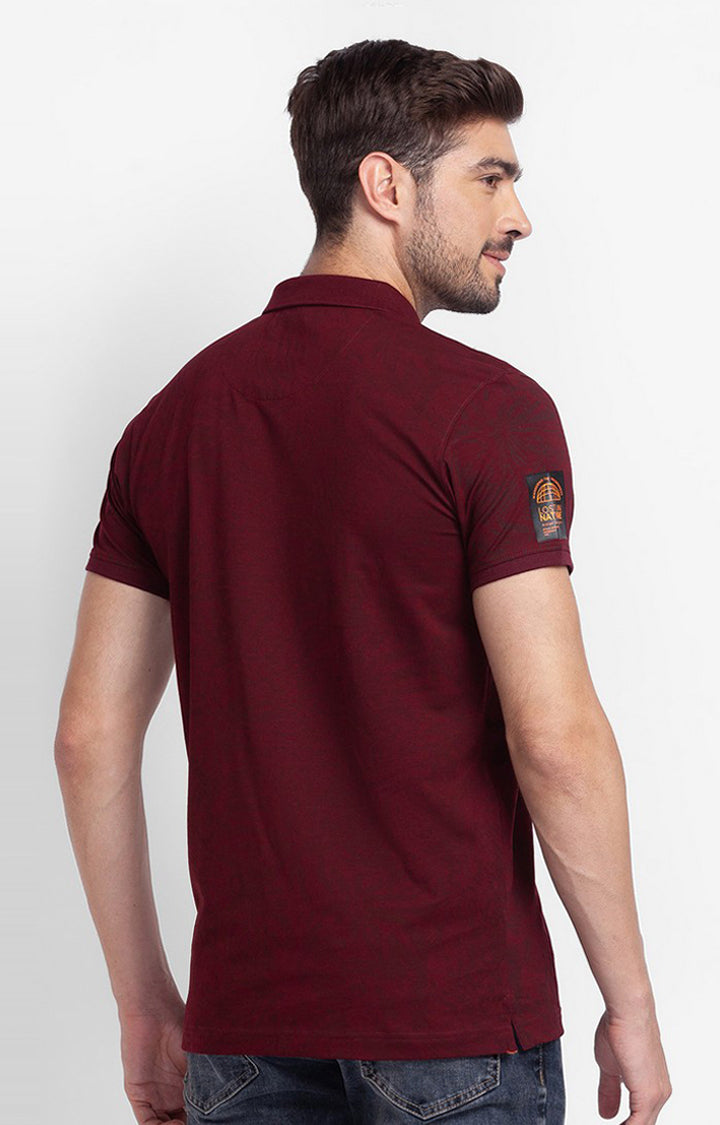 Spykar Wine Cotton Half Sleeve Printed Casual Polo T-Shirt For Men