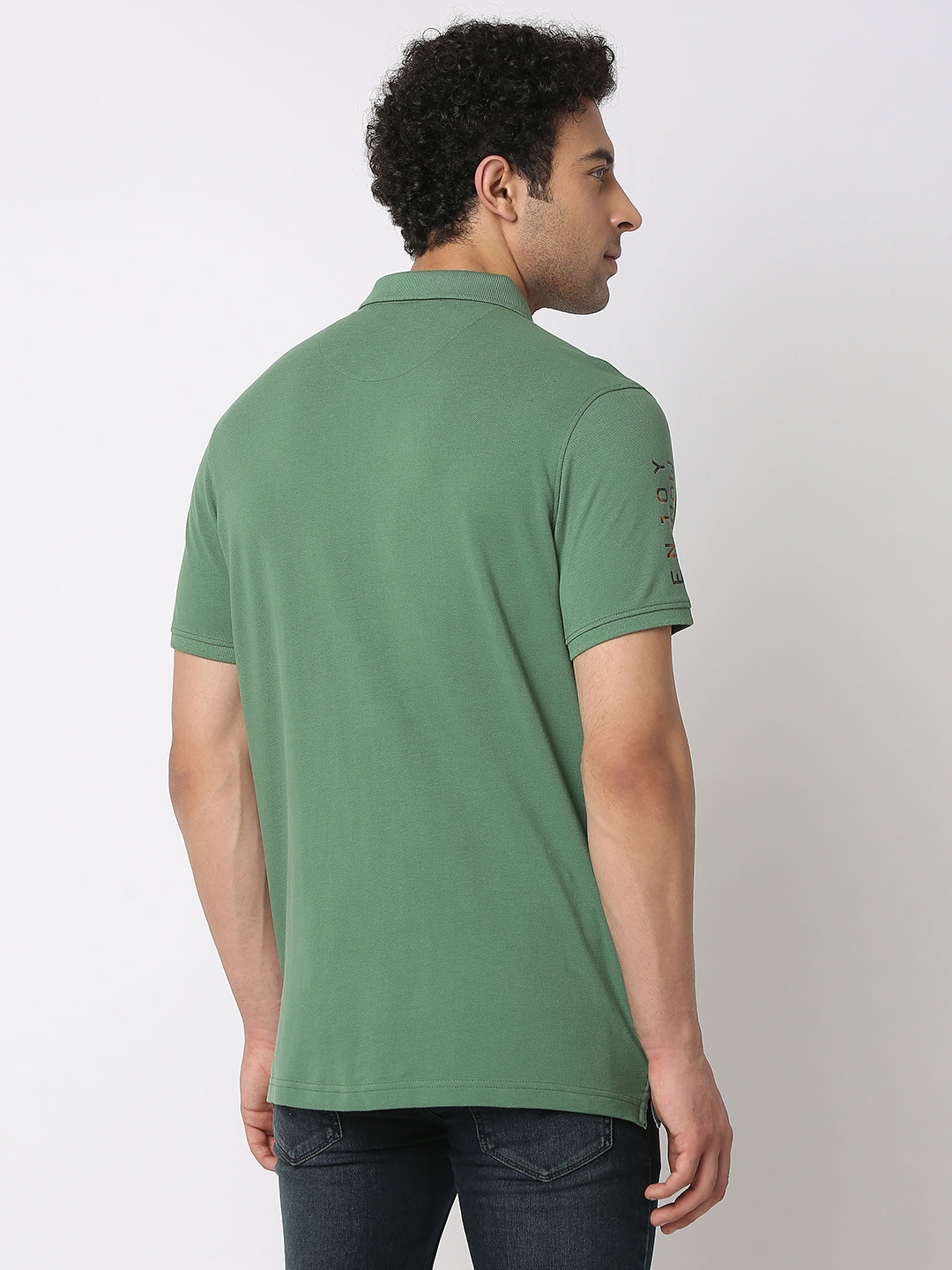 Spykar Men Dark Sage Green Cotton Regular Fit Polo Plain T-Shirt