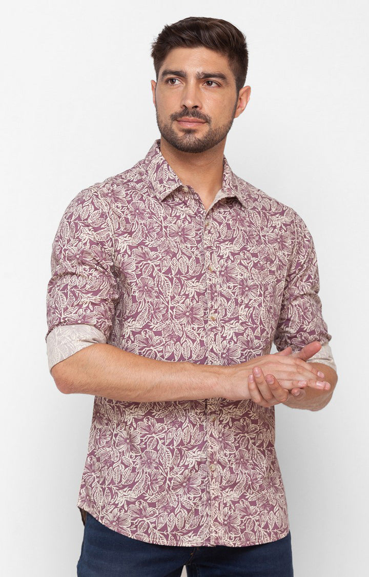 Spykar Mauve Pink Cotton Full Sleeve Printed Shirt For Men