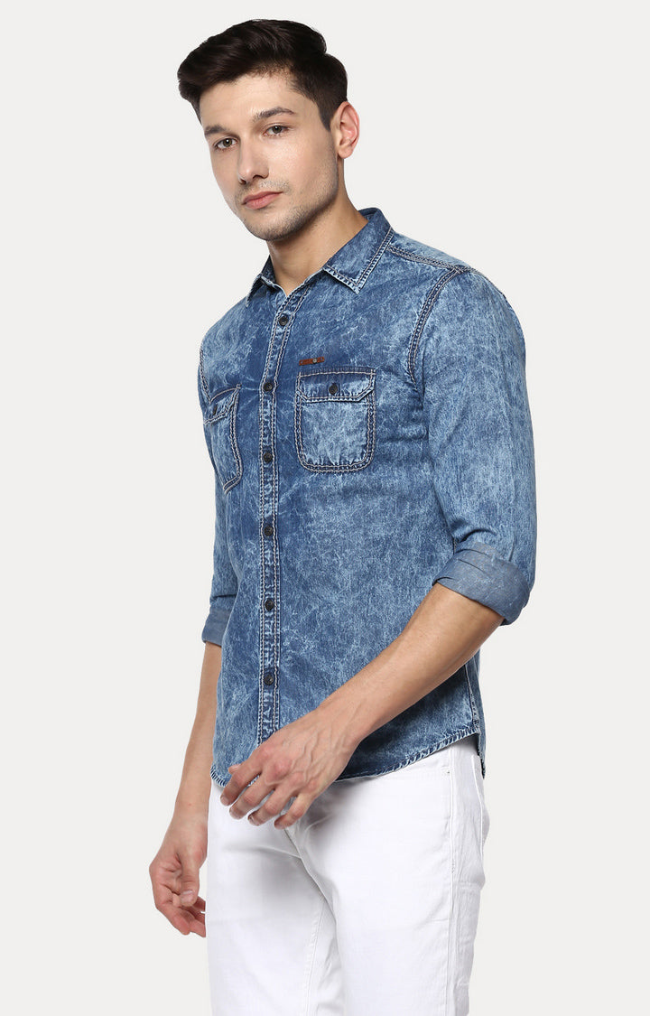 Spykar Men'S Blue Cotton Solid Casual Shirts