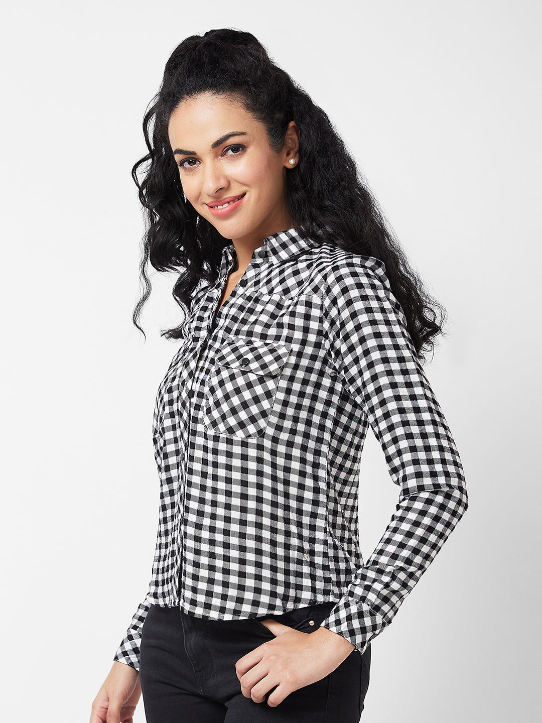Spykar Black/White Checks Shirt For Women