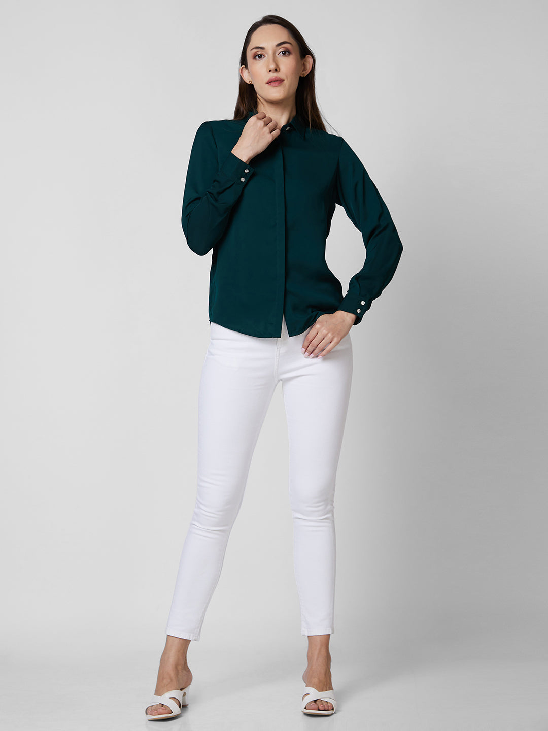 Spykar Green Solid Shirt For Women