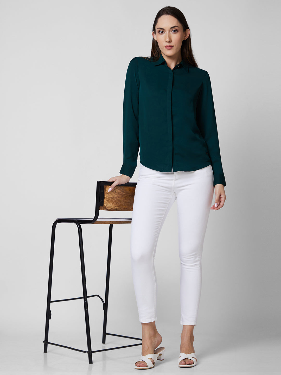 Spykar Green Solid Shirt For Women