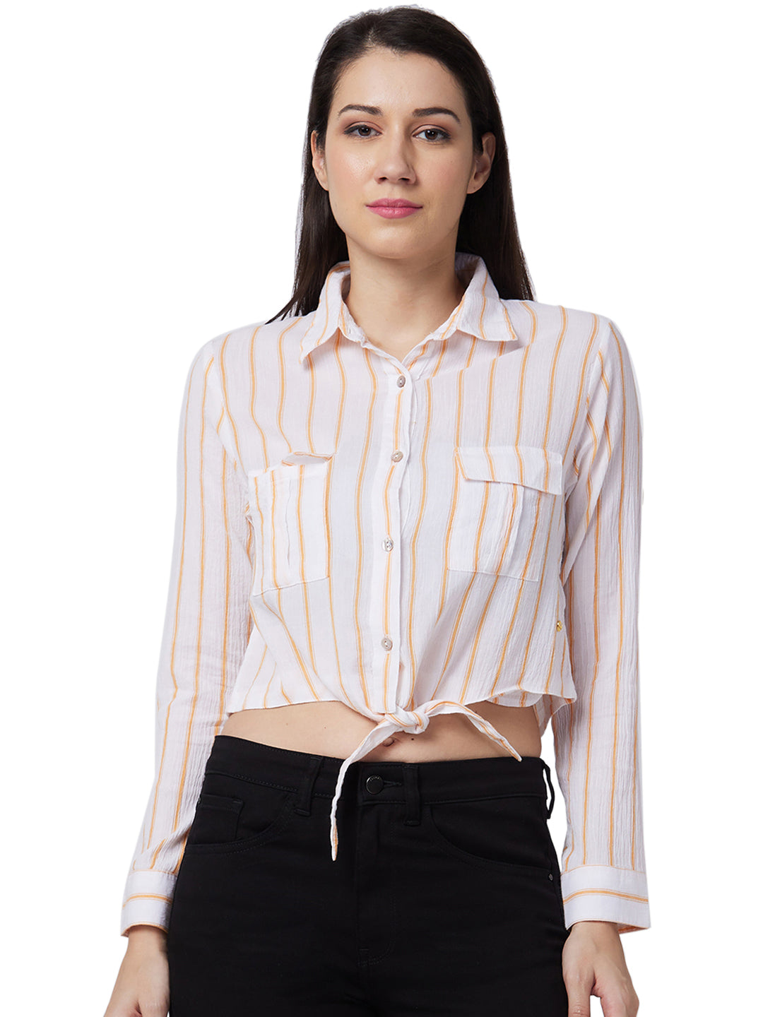 Spykar Orange Stripes Shirt For Women