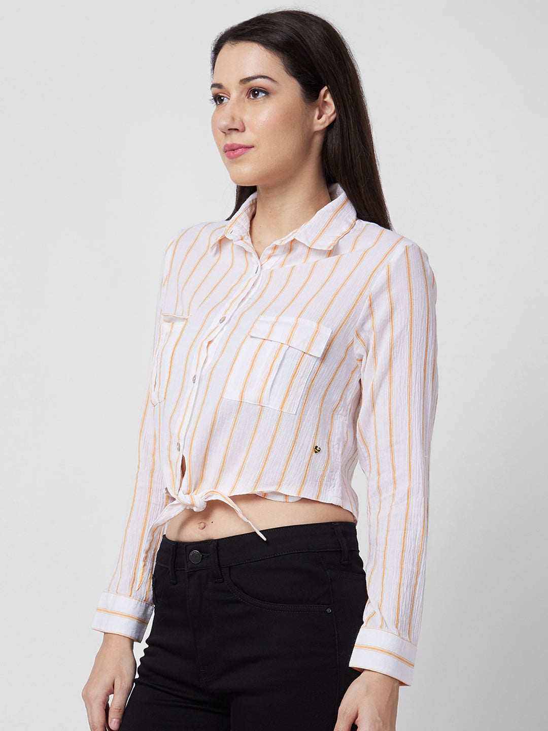 Spykar Orange Stripes Shirt For Women