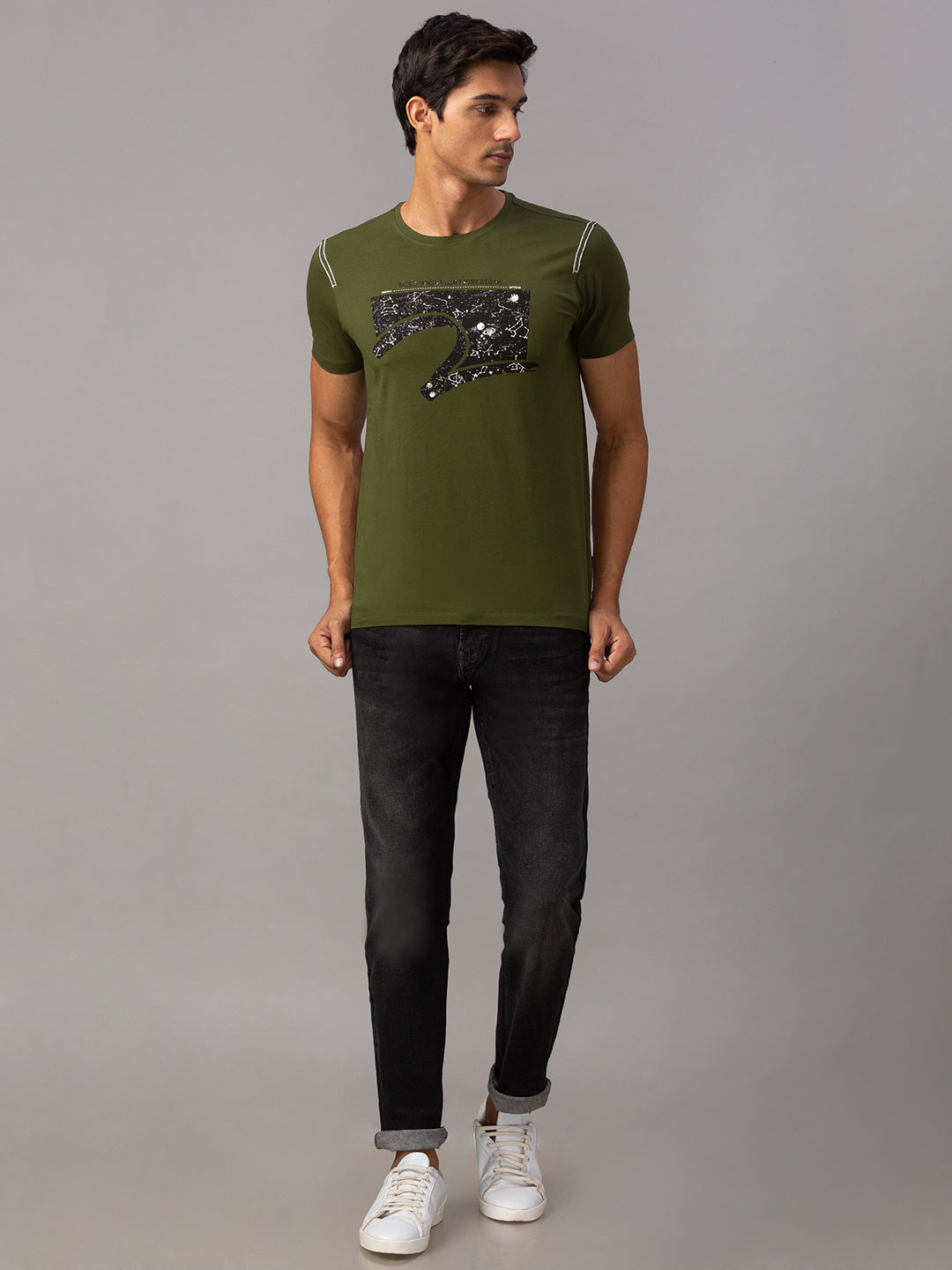 Spykar Men Green Cotton Slim Fit Round Neck T-Shirt