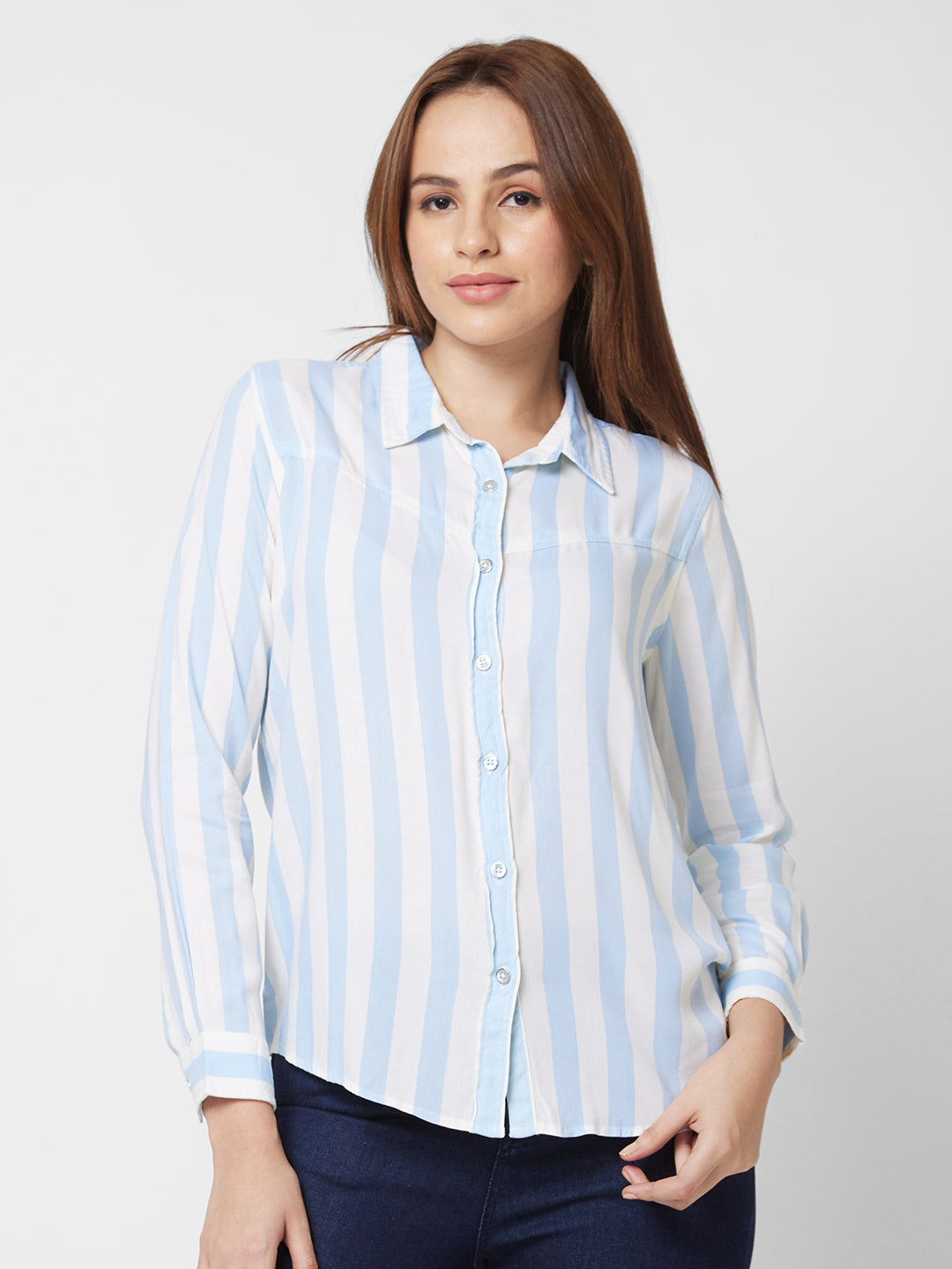 Spykar Full Sleeve Striped Blue Shirt For Women