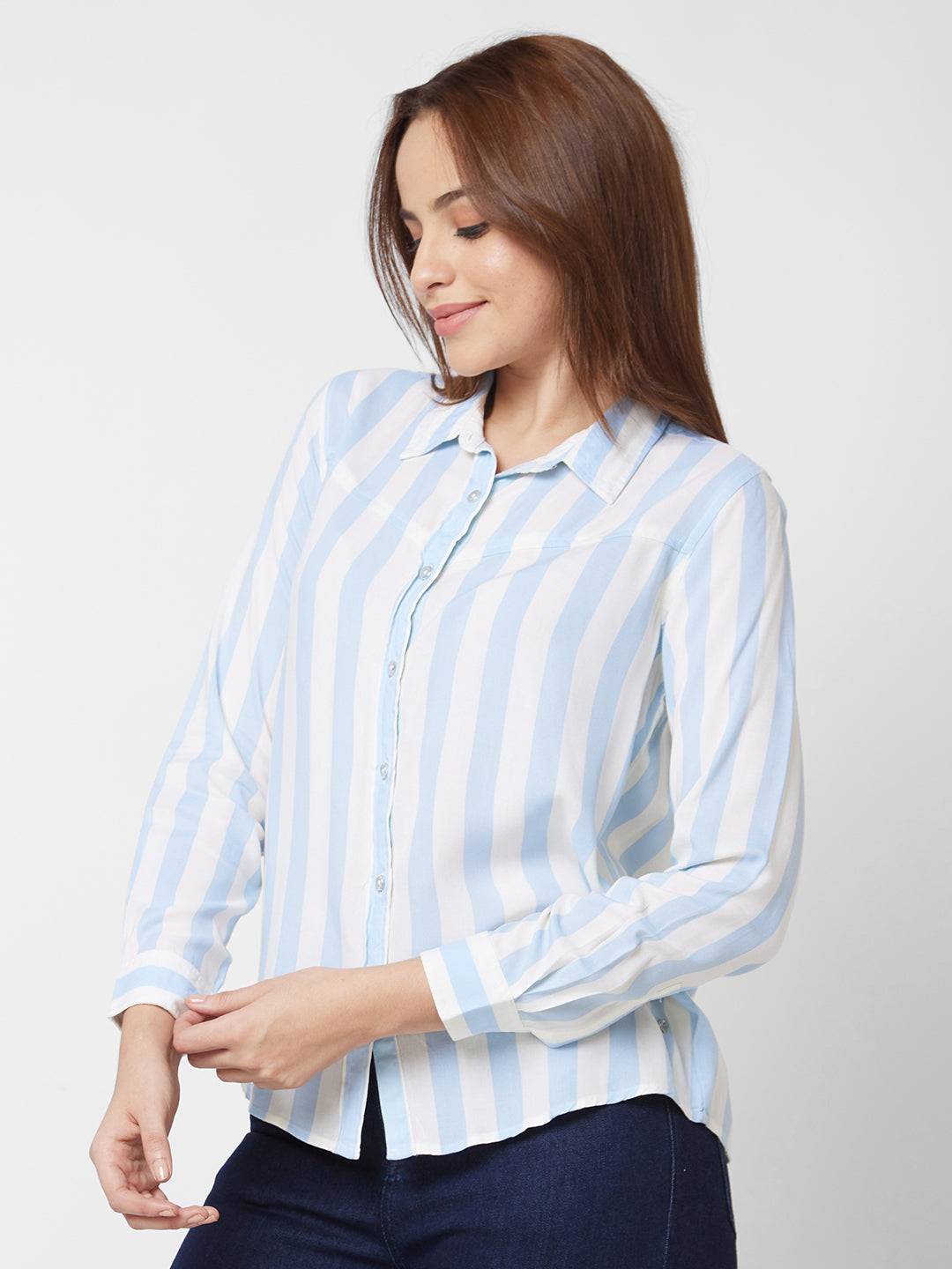 Spykar Full Sleeve Striped Blue Shirt For Women