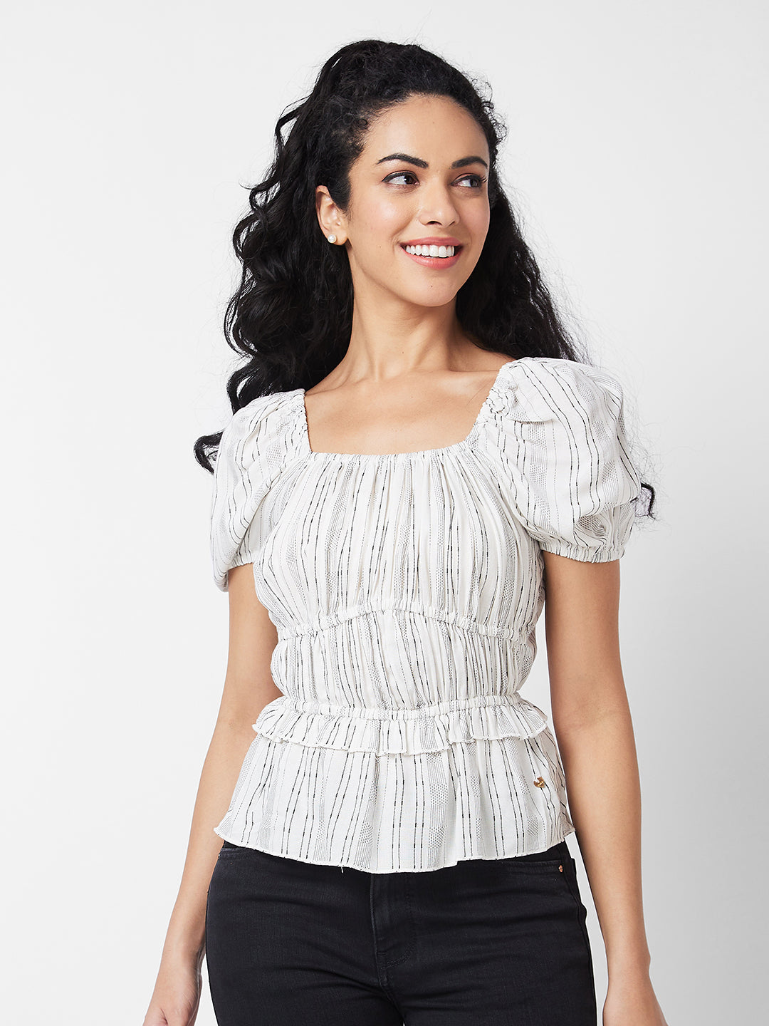 Spykar White Stripes Top For Women