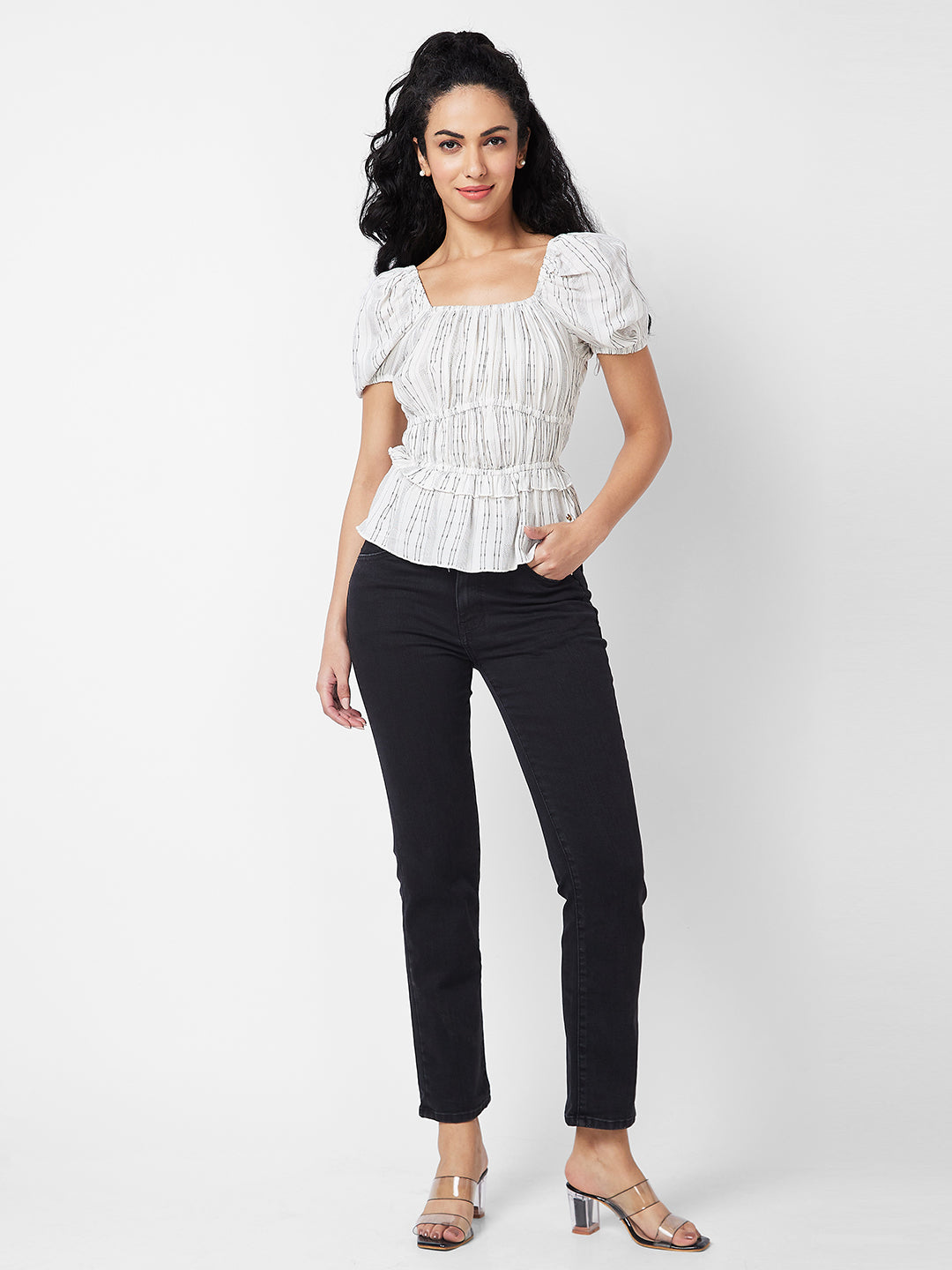 Spykar White Stripes Top For Women