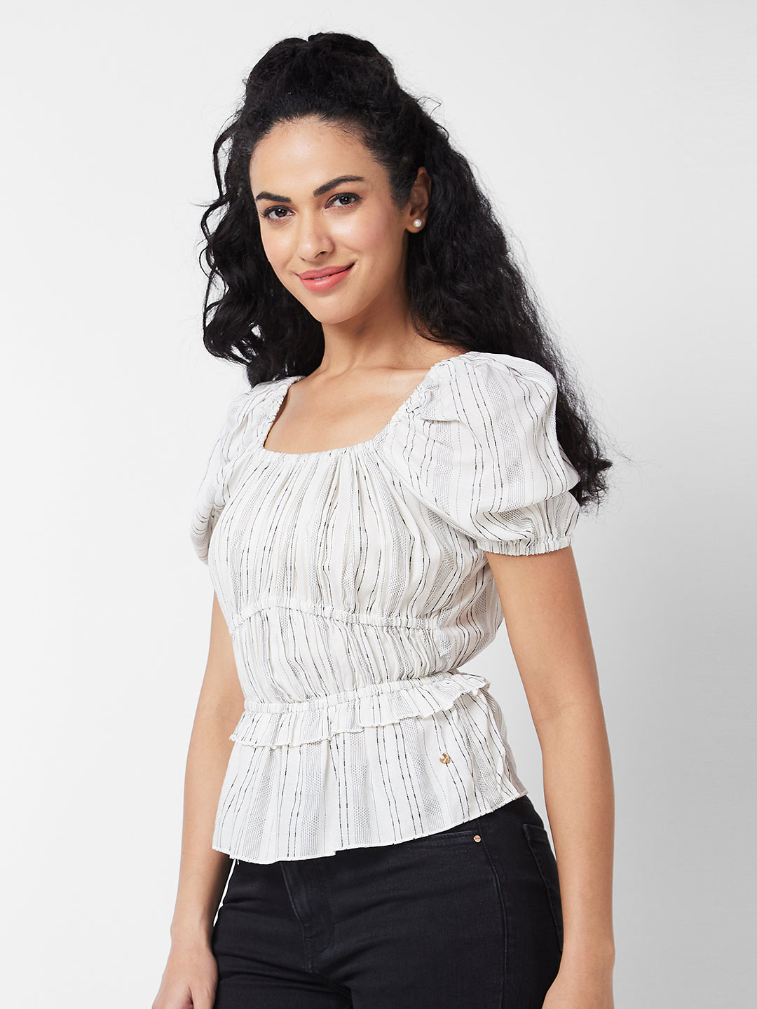 Spykar White Stripes Top For Women