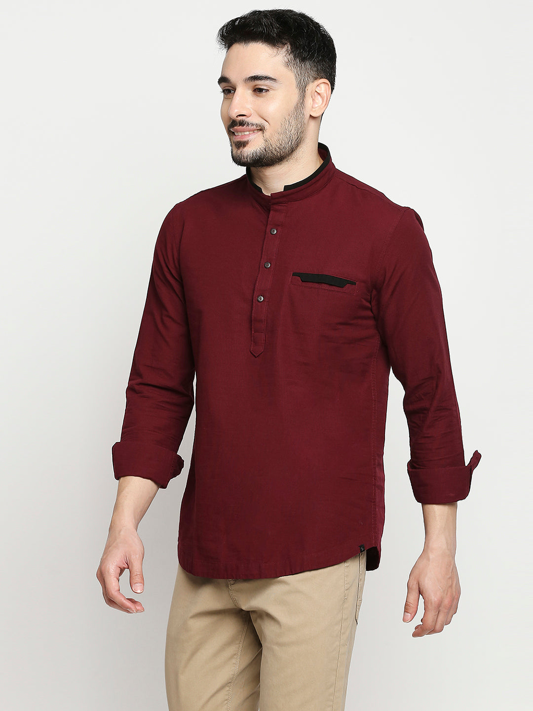 Spykar Wine Cotton Full Sleeve Plain Kurta For Men