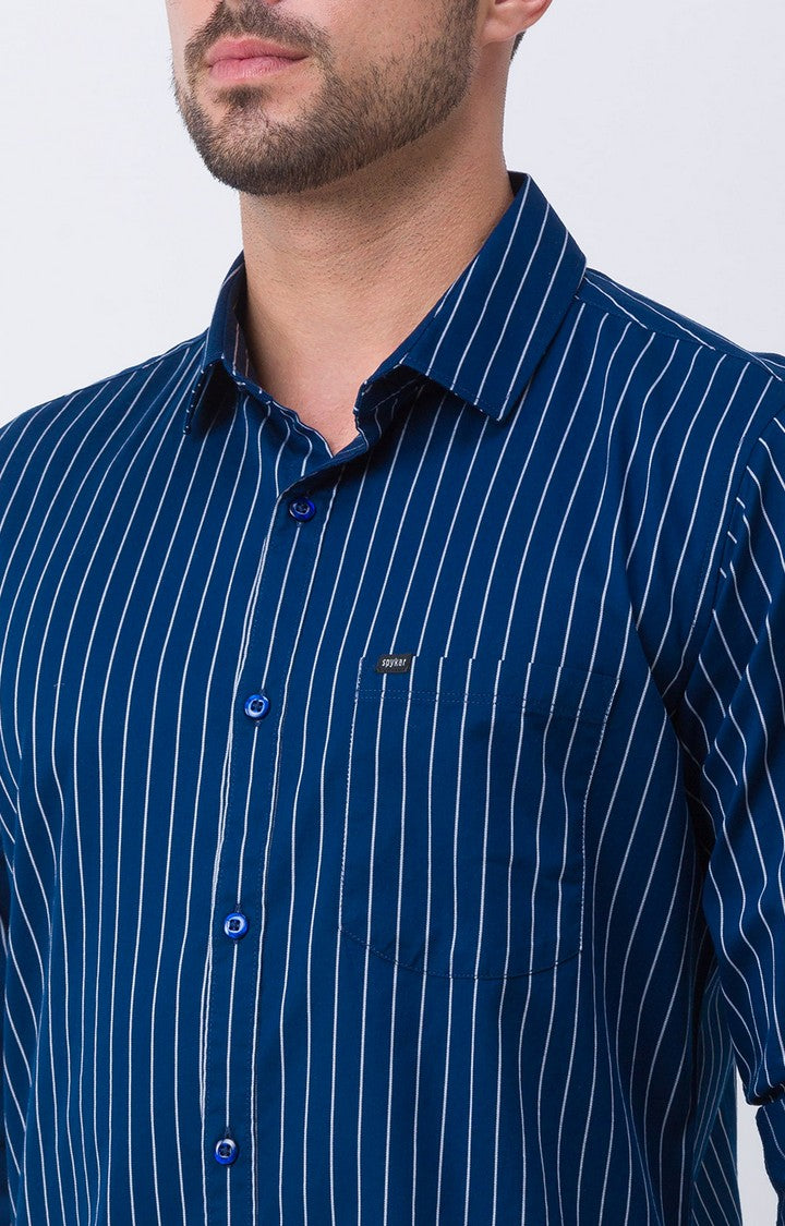 Spykar Ink Blue Cotton Full Sleeve Stripes Shirt For Men