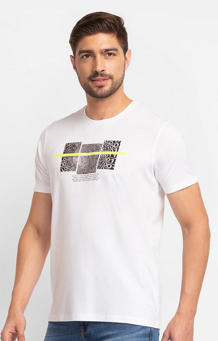 Spykar White Cotton Half Sleeve Printed Casual T-Shirt For Men