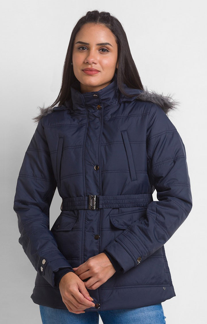 Spykar Navy Nylon Full Sleeve Hooded Jacket For Women