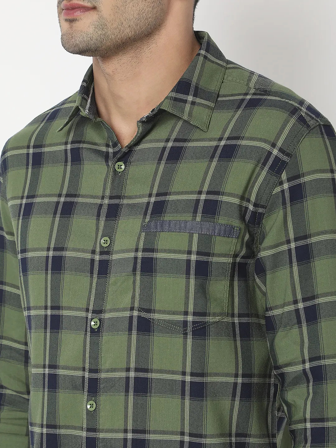 Spykar Men Olive Cotton Slim Fit Checkered Shirt