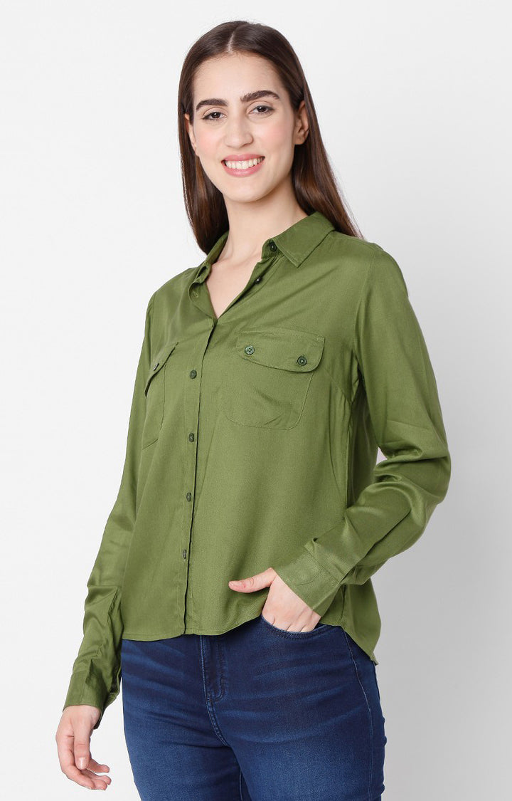 Spykar Regular Fit Green Cotton Women Shirts