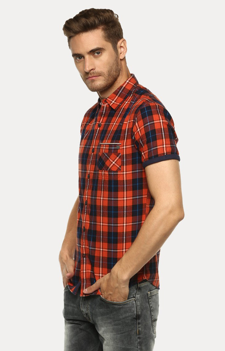 Spykar Men'S Orange Cotton Checked Casual Shirts