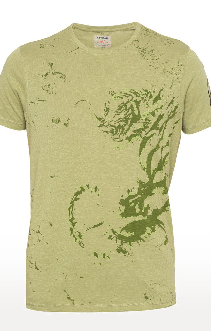 Spykar Light Olive Printed Slim Fit Men T-Shirts