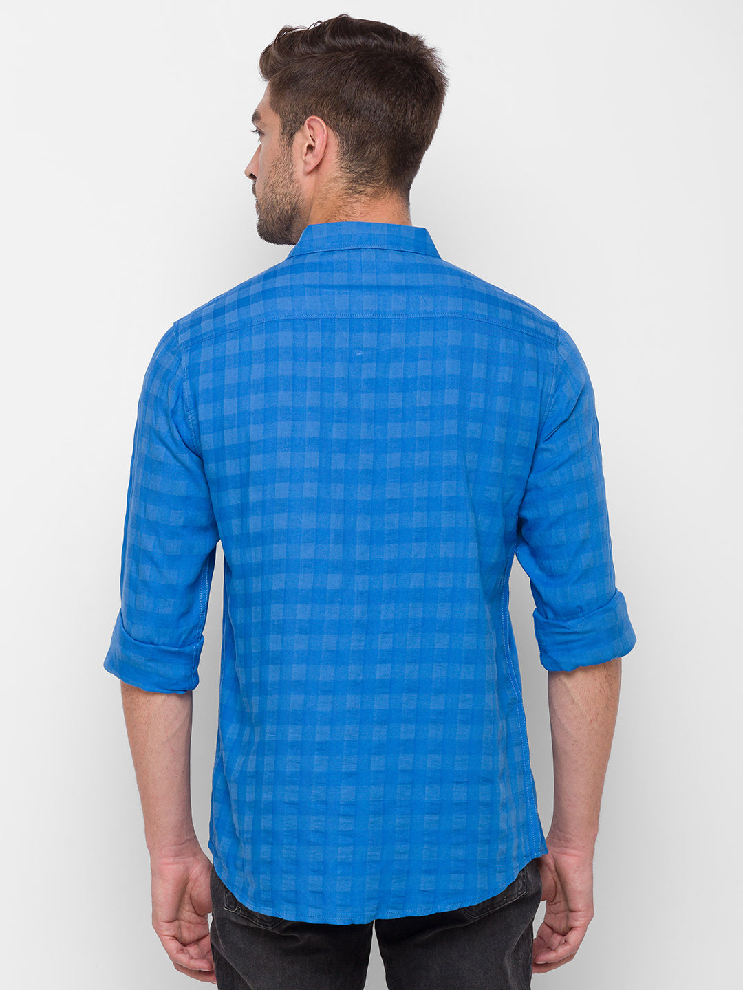 Spykar Blue Cotton Slim Fit Shirts For Men