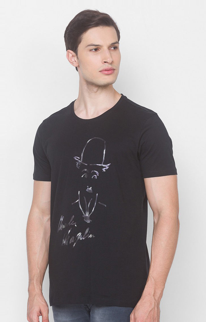 Charlie Chaplin Spykar Men Black Cotton Slim Fit Round Neck Printed T-Shirt