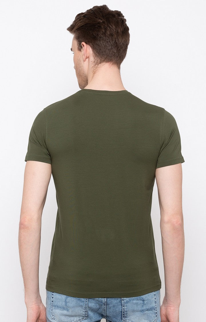 Spykar Olive Printed Slim Fit Men T-Shirts