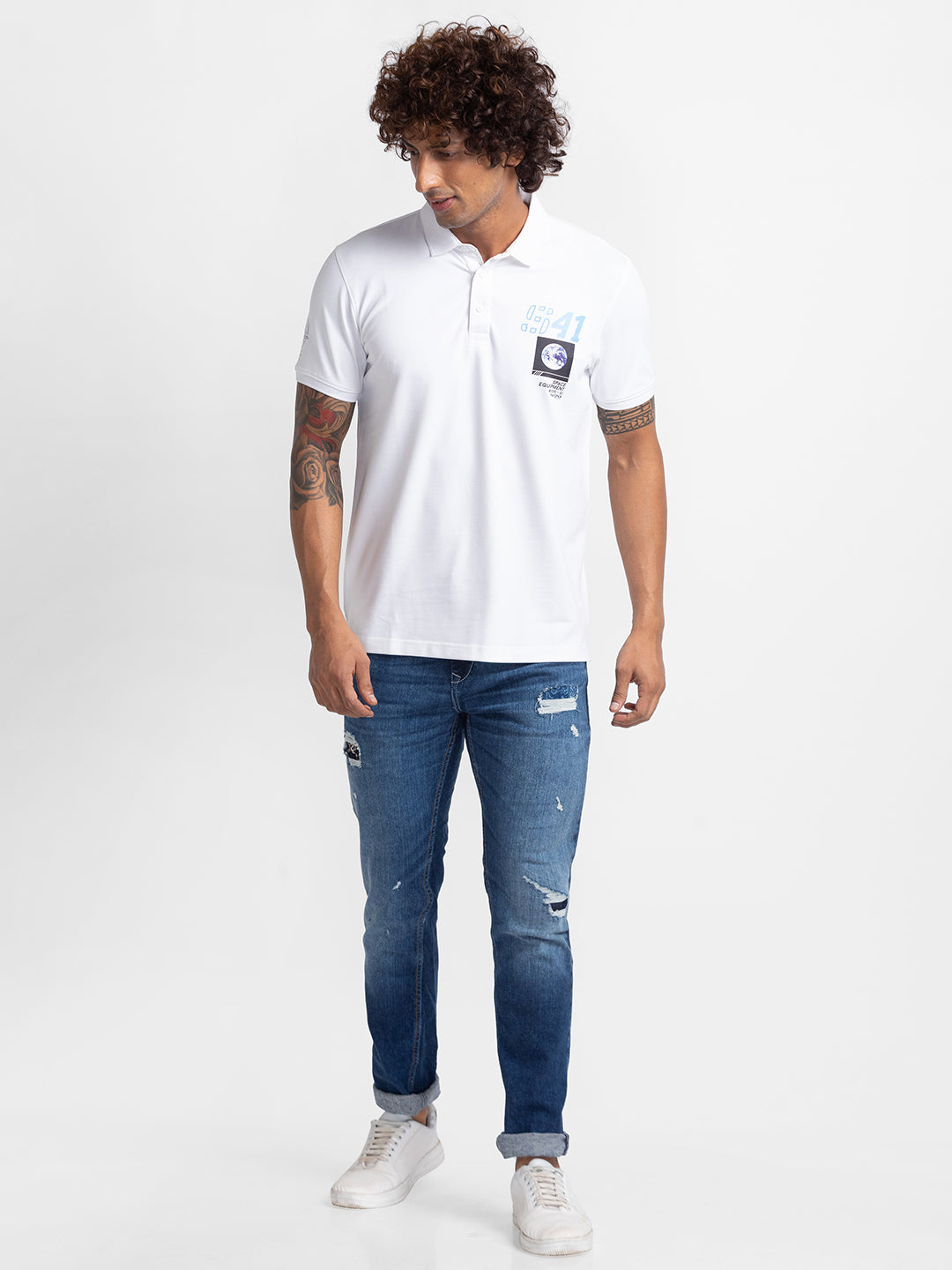 Spykar White Cotton Half Sleeve Plain Polo T-Shirt For Men