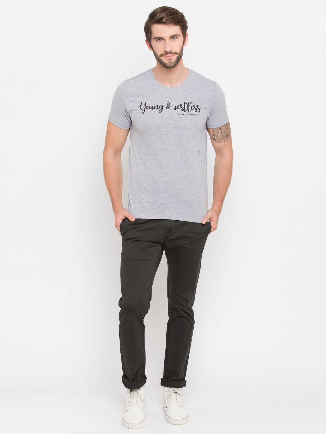 Spykar Men Grey Cotton Slim Fit Round Neck T-Shirt