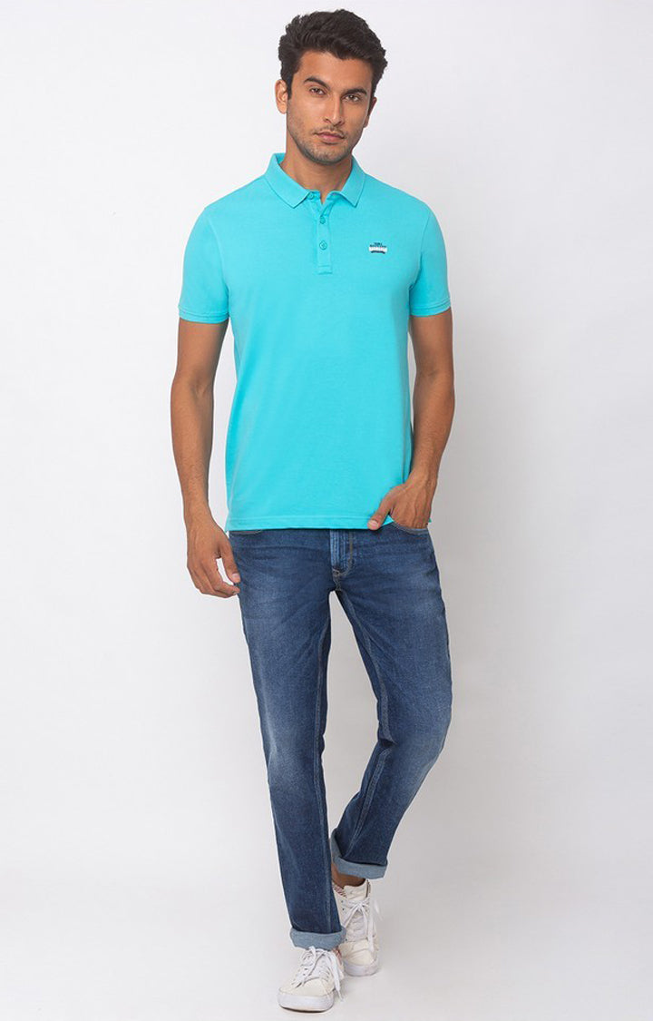 Spykar Blue Cotton Slim Fit T-Shirt For Men