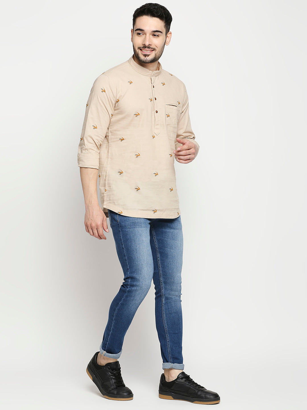 Spykar Fawn Cotton Linen Full Sleeve Printed Kurta For Men