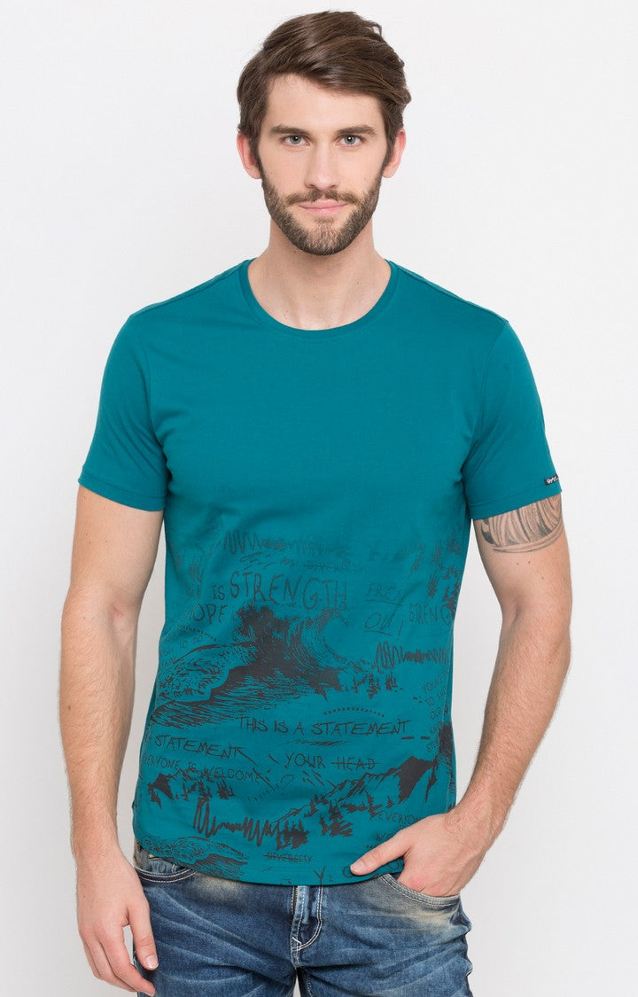 Spykar Turquoise Printed Slim Fit Men T-Shirts