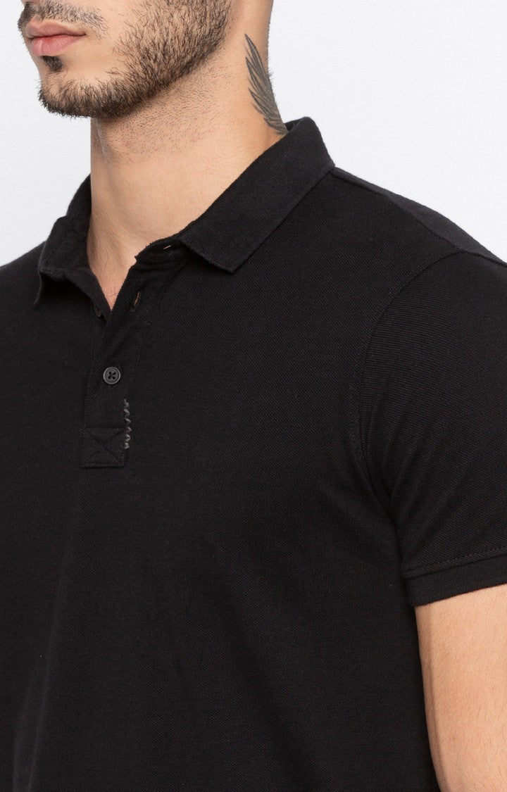 Spykar Black Solid Slim Fit Polo T-Shirt