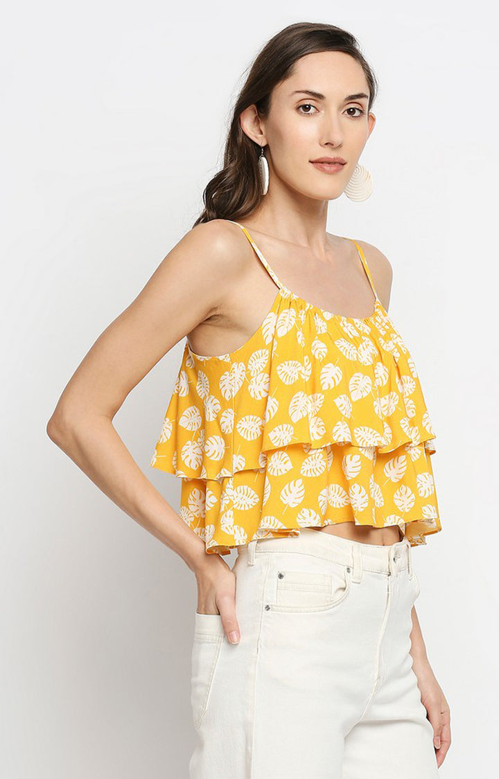 Spykar Women Yellow Viscose Floral Print Sleeveless Crop Top