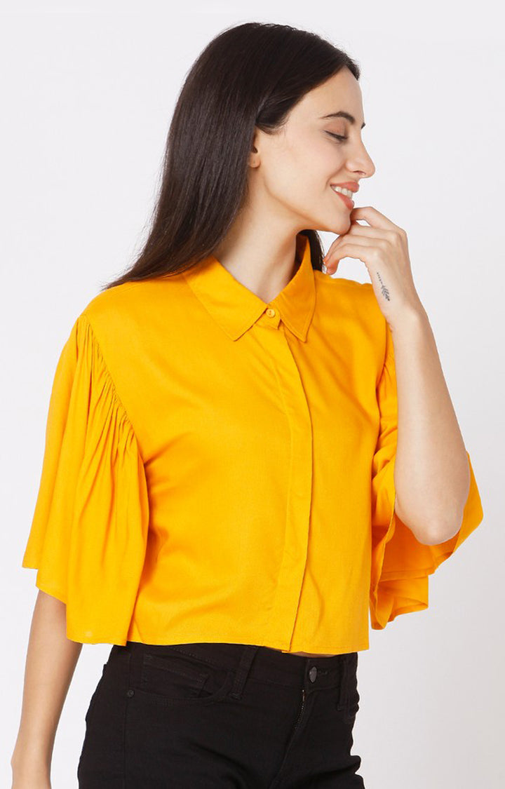 Spykar Slim Fit Mustard Yellow Cotton Women Shirt