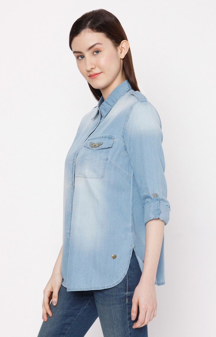 Spykar Women Mid Blue Cotton Regular Fit Denim Shirt