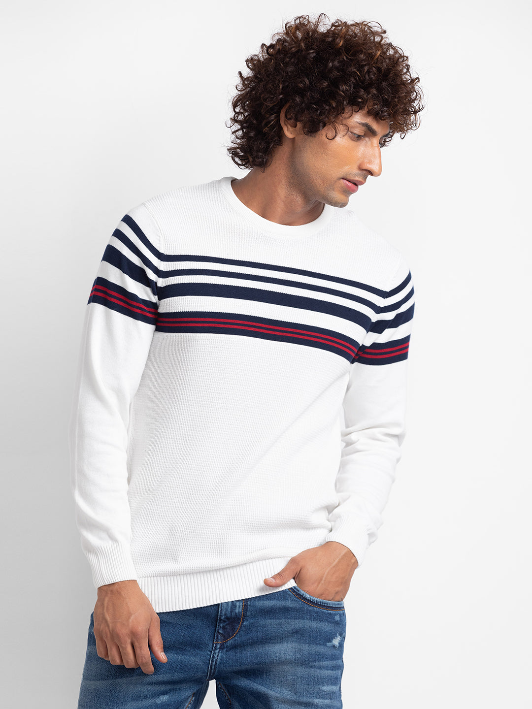 Buy Spykar Ecru Navy Cotton Full Sleeve Casual Sweater For Men Online