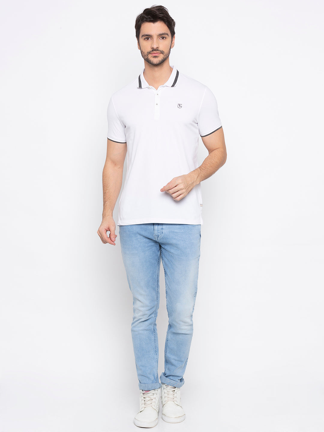 Spykar Men White Cotton Slim Fit Polo T-Shirt