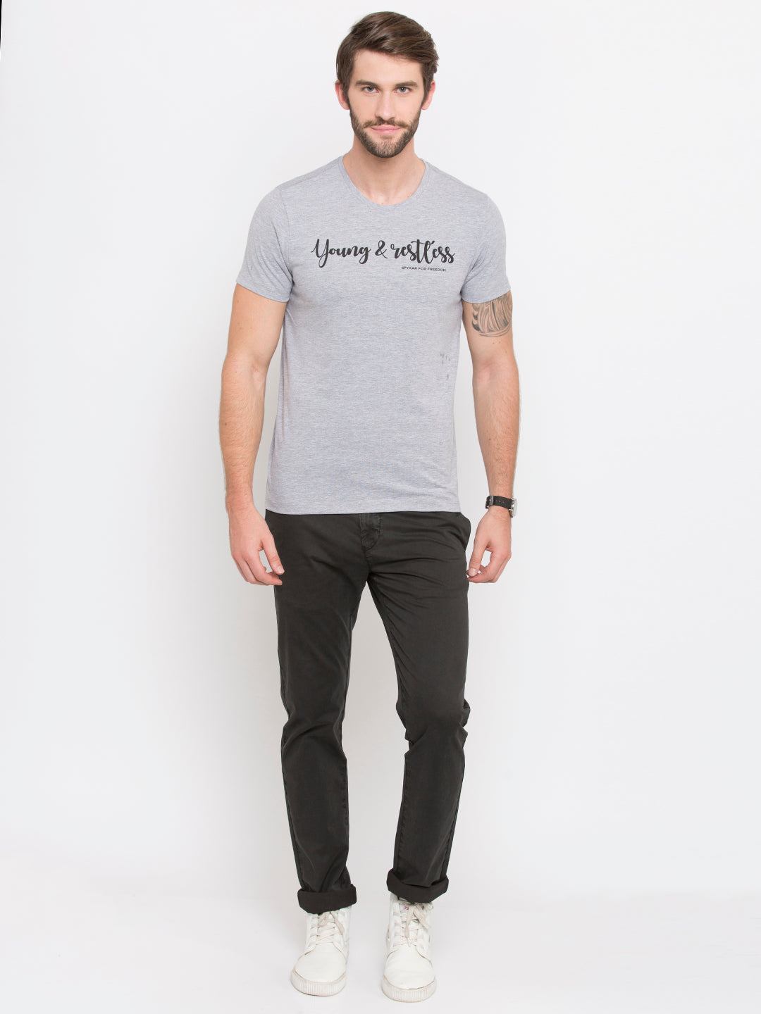 Spykar Men Grey Cotton Slim Fit Round Neck T-Shirt