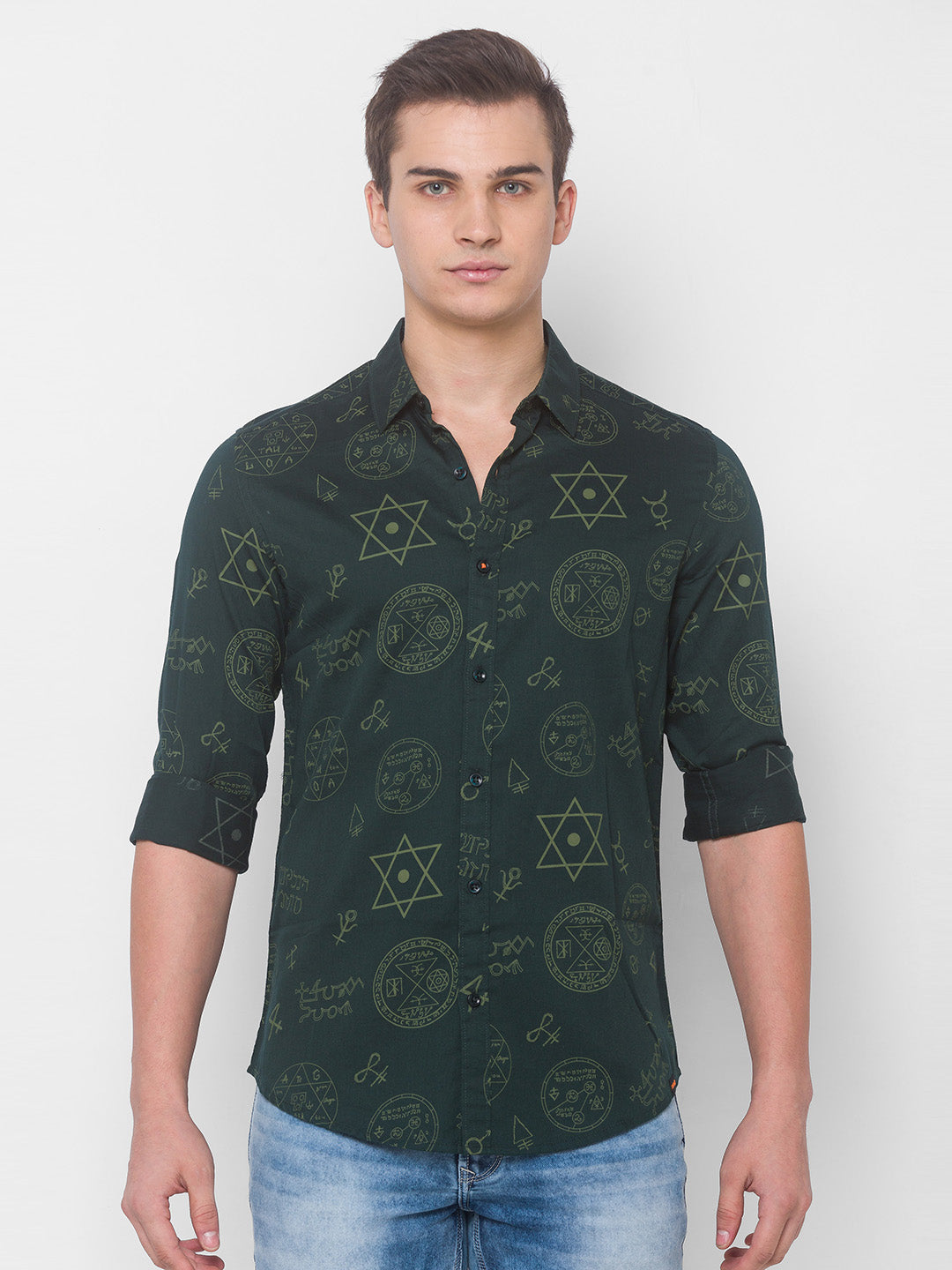 Spykar Men Bottle Green Cotton Shirts (Slim)