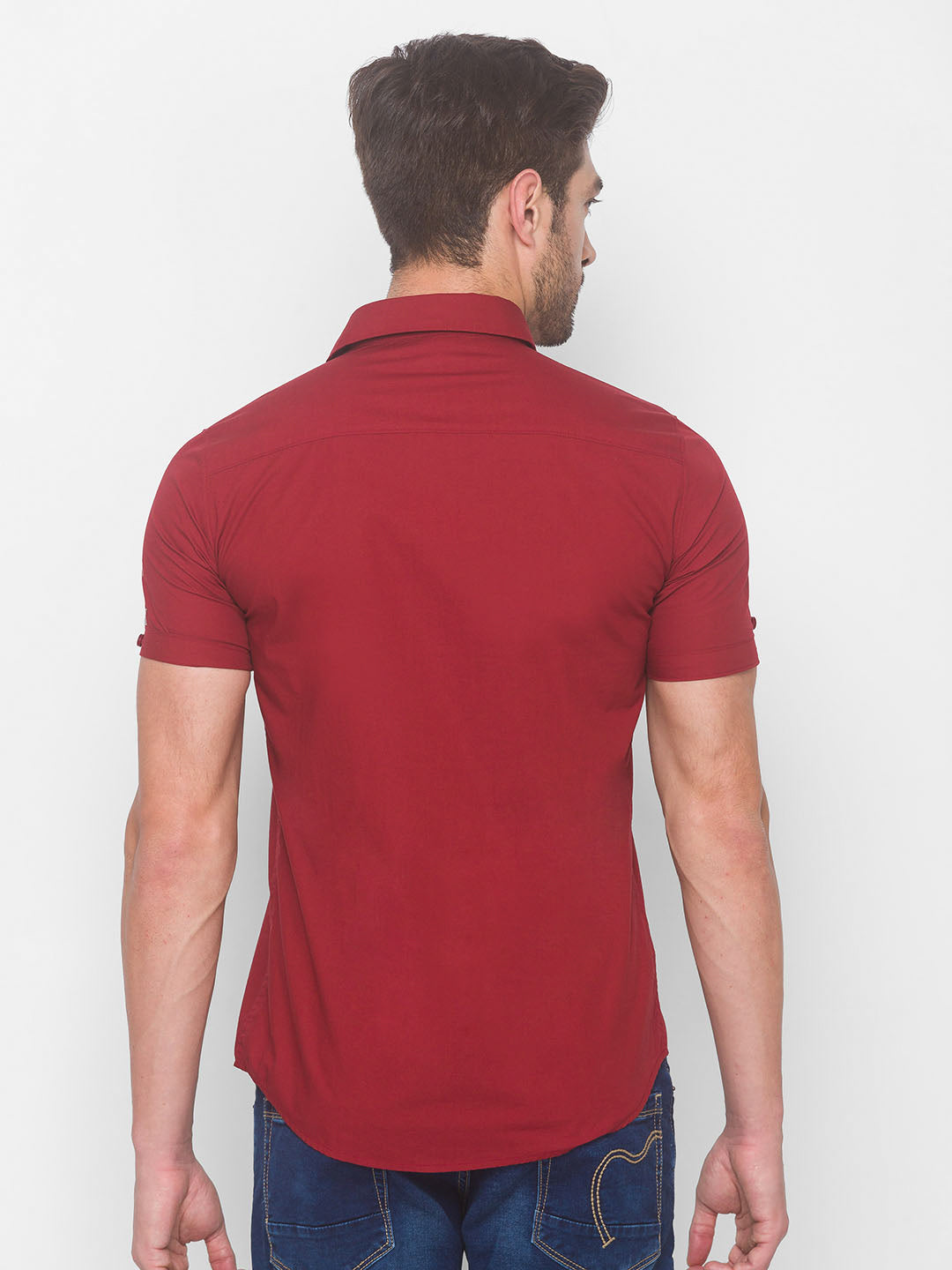 Spykar Men Deep Red Cotton Casual Slim Fit Shirt