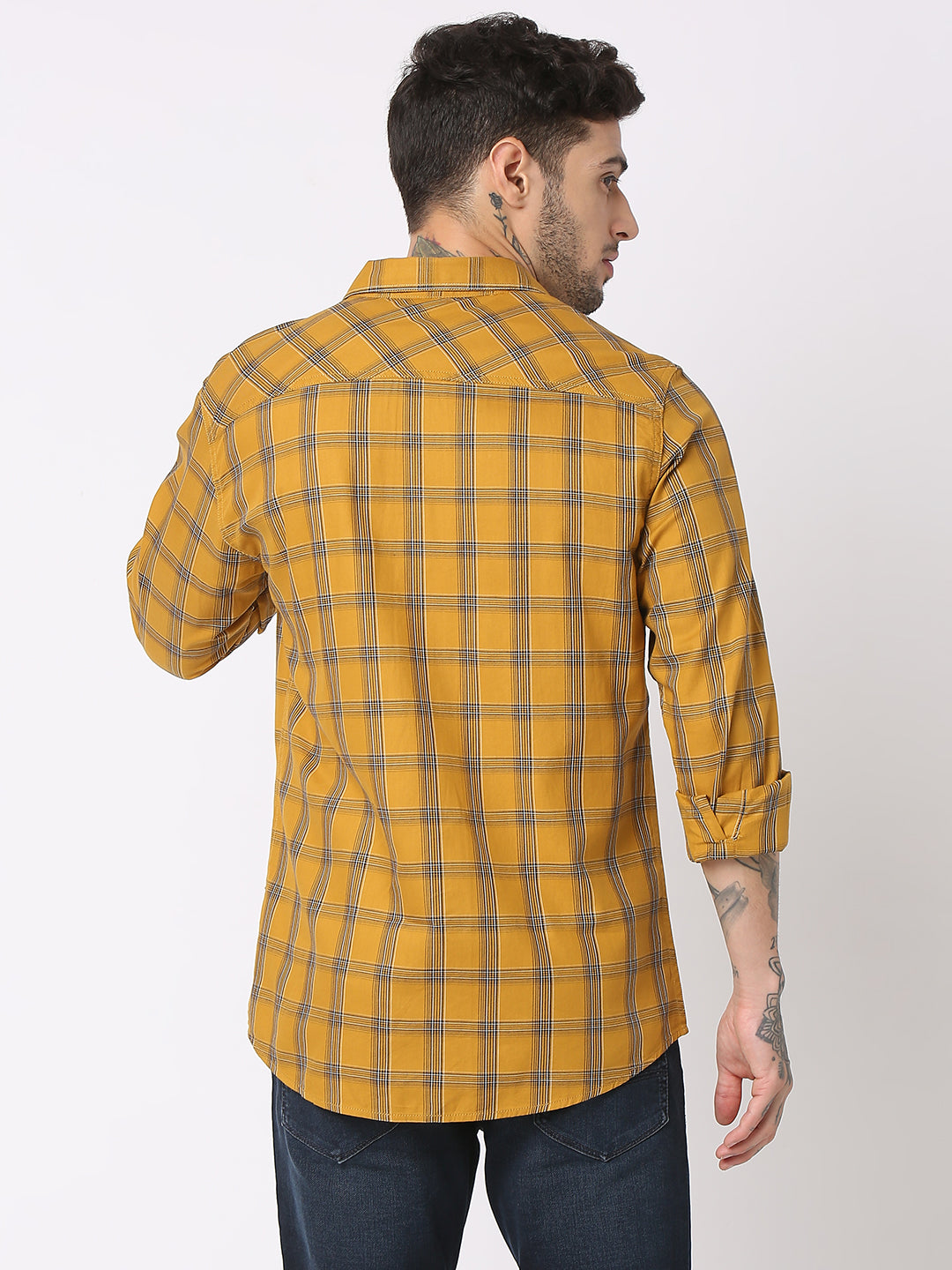 Spykar Men Golden Khaki Cotton Regular Fit Checkered Shirts