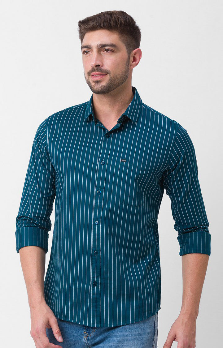 Spykar Teal Green Cotton Full Sleeve Stripes Shirt For Men