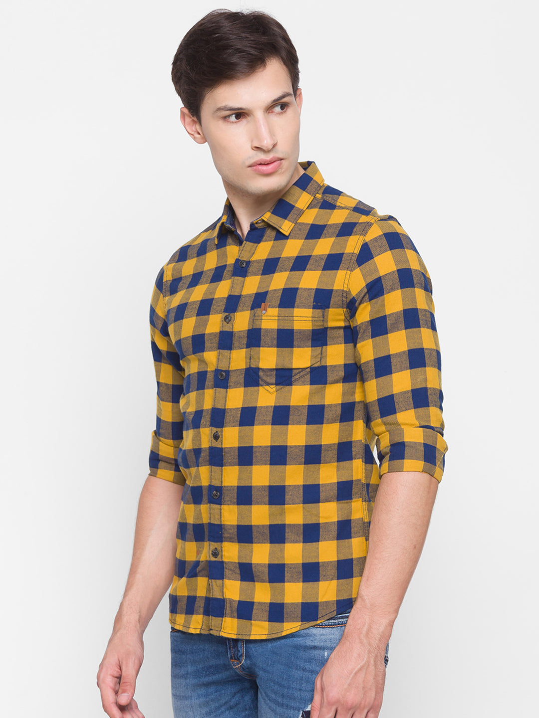 Spykar Slim Fit Yellow Cotton Men Shirt