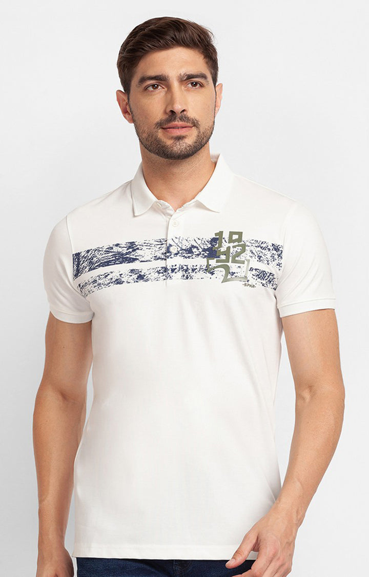 Spykar Ecru Cotton Half Sleeve Printed Casual Polo T-Shirt For Men