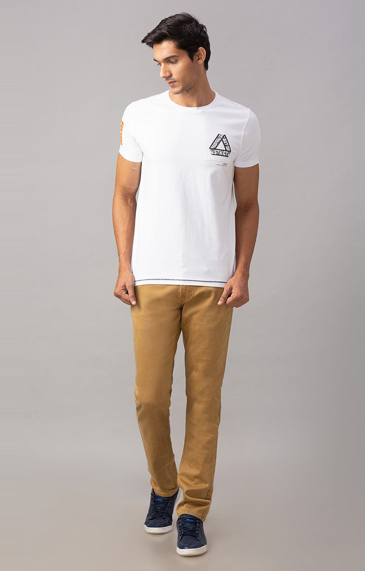 Spykar White Cotton Slim Fit T-Shirt For Men