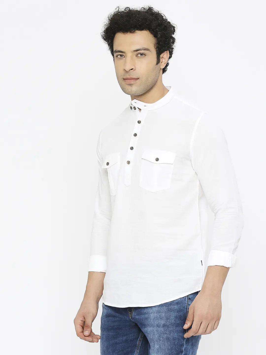 Spykar Men White Linen Slim Fit M and arin Collar Plain Kurta