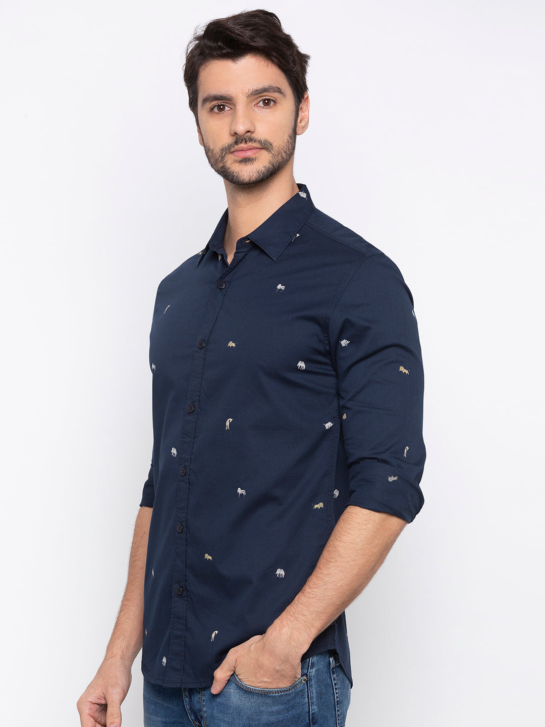 Spykar Men Navy Printed Slim Fit Casual Shirt