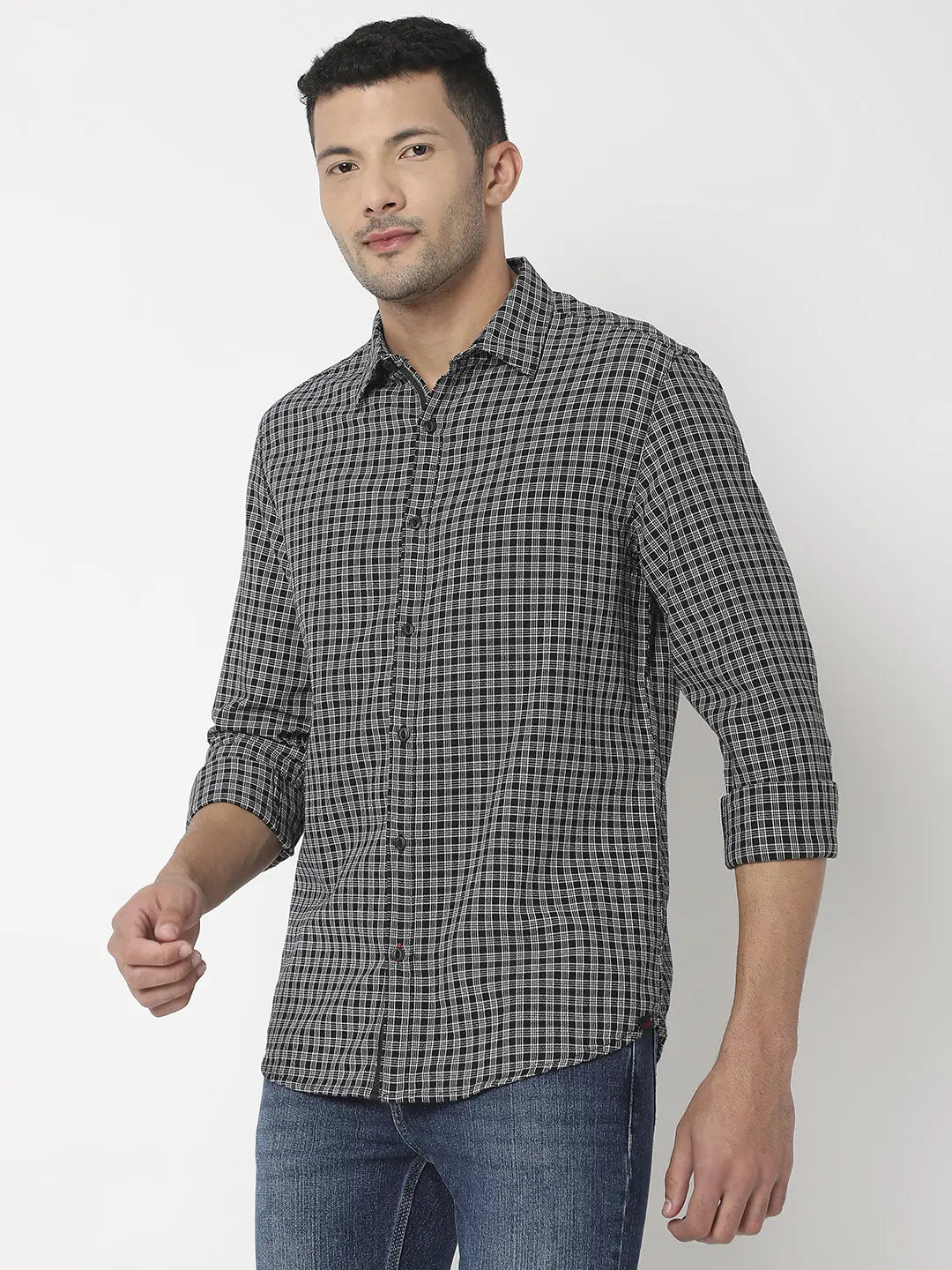 Spykar Men Black Cotton Slim Fit Checkered Shirt