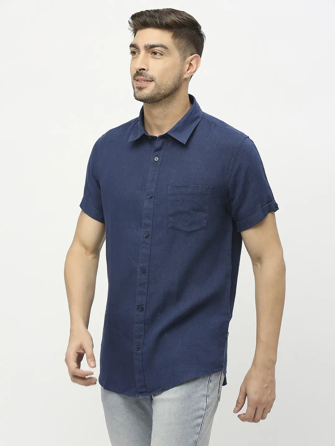 Spykar Men Navy Blue Linen Regular Fit Half Sleeve Plain Shirts